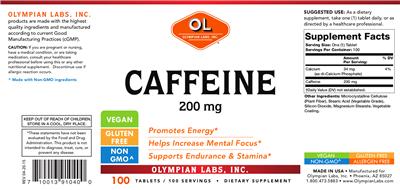 Photo of the OL Olympian Labs Caffeine 200 mg label