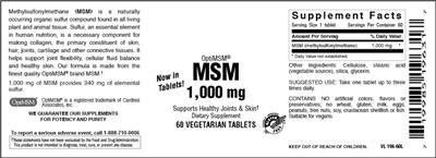 Photo of the Vitamer Laboratories MSM 1,000 mg label