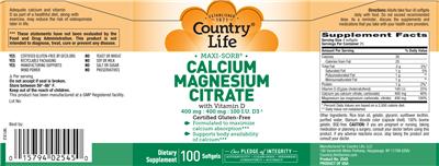 Photo of the Country Life Maxi-Sorb Calcium Magnesium Citrate With Vitamin D label