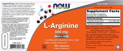 Photo of the NOW L-Arginine 500 mg label