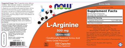 Photo of the NOW L-Arginine 500 mg label