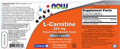 Photo of the NOW L-Carnitine 250 mg label