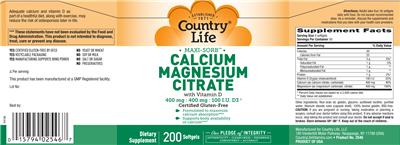 Photo of the Country Life Maxi-Sorb Calcium Magnesium Citrate With Vitamin D label