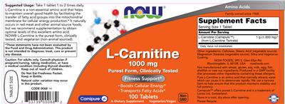 Photo of the NOW L-Carnitine 1000 mg label