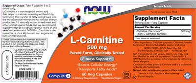 Photo of the NOW L-Carnitine 500 mg label