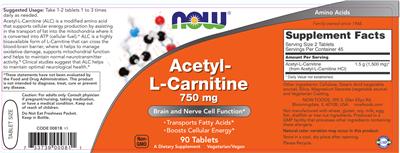 Photo of the NOW Acetyl-L-Carnitine 750 mg label