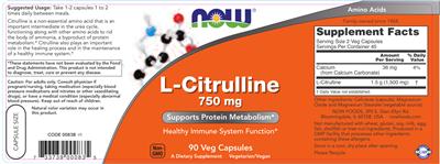 Photo of the NOW L-Citrulline 750 mg label