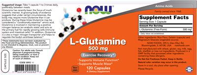 Photo of the NOW L-Glutamine 500 mg label