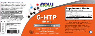 Photo of the NOW 5-HTP 50 mg label