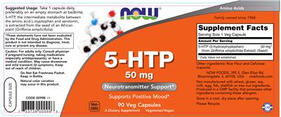 Photo of the NOW 5-HTP 50 mg label