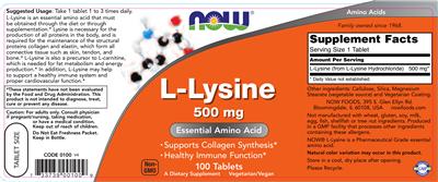 Photo of the NOW L-Lysine 500 mg label