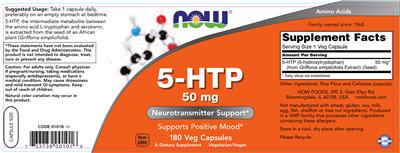 Photo of the NOW 5-HTP 50 mg label