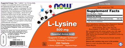 Photo of the NOW L-Lysine 500 mg label