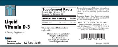 Photo of the Douglas Laboratories Liquid Vitamin D-3 label