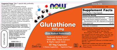 Photo of the NOW Glutathione 500 mg label