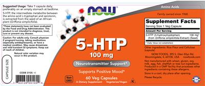 Photo of the NOW 5-HTP 100 mg label