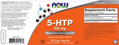 Photo of the NOW 5-HTP 100 mg label