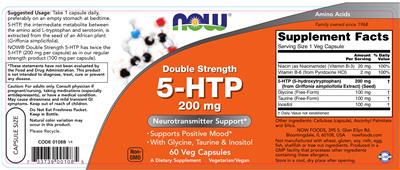 Photo of the NOW Double Strength 5-HTP 200 mg label