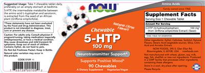 Photo of the NOW Chewable 5-HTP 100 mg Natural Citrus Flavor label