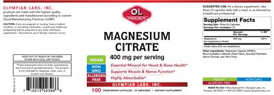 Photo of the OL Olympian Labs Magnesium Citrate 400 mg label