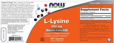 Photo of the NOW L-Lysine 500 mg label
