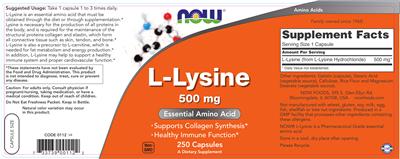 Photo of the NOW L-Lysine 500 mg label