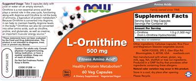 Photo of the NOW L-Ornithine 500 mg label