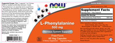 Photo of the NOW L-Phenylalanine 500 mg label