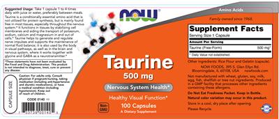 Photo of the NOW Taurine 500 mg label