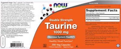 Photo of the NOW Double Strength Taurine 1000 mg label