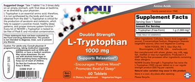 Photo of the NOW Double Strength L-Tryptophan 1000 mg label