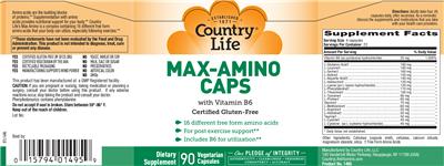 Photo of the Country Life Max-Amino Caps With Vitamin B6 label