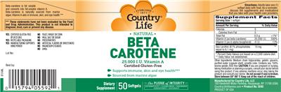 Photo of the Country Life Natural Beta Carotene 25,000 IU Vitamin A label
