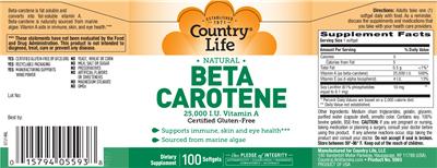Photo of the Country Life Natural Beta Carotene 25,000 IU Vitamin A label