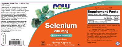 Photo of the NOW Selenium 200 mcg label