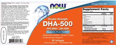 Photo of the NOW Double Strength DHA-500 label