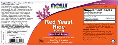 Photo of the NOW Red Yeast Rice 600 mg label