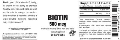 Photo of the Vitamer Laboratories Biotin 500 mcg label