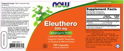Photo of the NOW Eleuthero 500 mg label