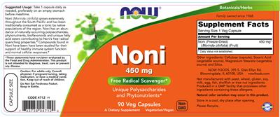 Photo of the NOW Noni 450 mg label