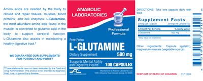 Photo of the Anabolic Laboratories L-Glutamine 500 mg label