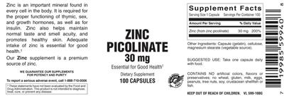 Photo of the Vitamer Laboratories Zinc Picolinate 30 mg label