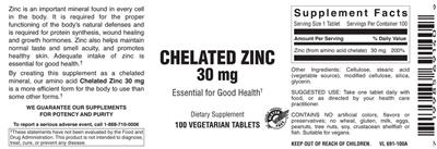 Photo of the Vitamer Laboratories Chelated Zinc 30 mg label