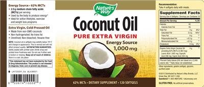 Photo of the Nature's Way Coconut Oil Pure Extra Virgin 1,000 mg label