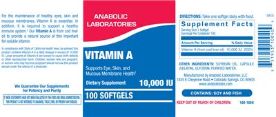 Photo of the Anabolic Laboratories Vitamin A 10,000 IU label