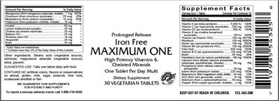 Photo of the VitaCeutical Labs Iron Free Maximum One label