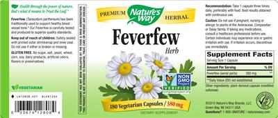 Photo of the Nature's Way Feverfew Herb 380 mg label