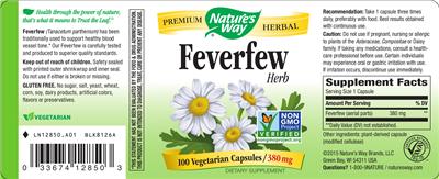 Photo of the Nature's Way Feverfew Herb 380 mg label