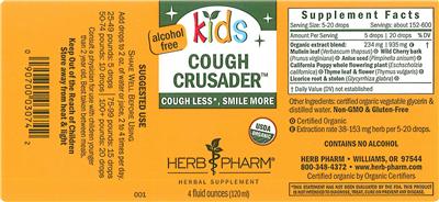 Photo of the Herb Pharm Kids Cough Crusader Alcohol Free label
