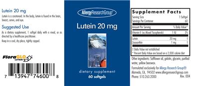Photo of the Allergy Research Group Lutein 20 mg label